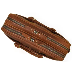 Brown leather briefcase for men, stylish business laptop shoulder bag with dual zipper compartments.