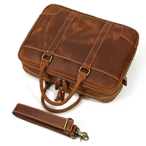 Brown leather briefcase for men, vintage business laptop shoulder bag with detachable strap.