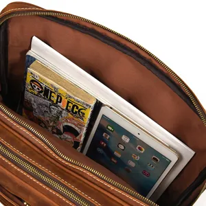 Genuine leather business briefcase interior detail showing large capacity storage space.