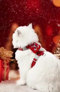 Chinese style lion dance pet harness detail view, red festive cat leash with cute plush decoration.