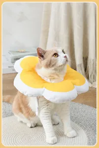 Cute flower cat recovery collar detail shot, soft anti-licking pet cone for sweet cats.