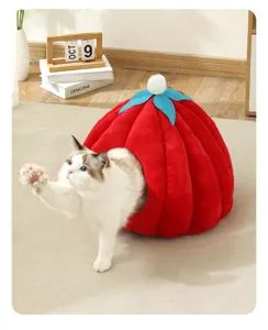 Detalle de cama para gatos calabaza de peluche acogedora, casa de invierno cálida.