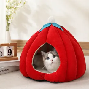 Cama Cerrada para Gatos de Calabaza Cálida de Invierno Lindo Peluche Suave Nido de Perro Pequeño Artículos para Mascotas