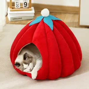 Cama para gatos en forma de calabaza cerrada y cálida peluche suave para perros pequeños
