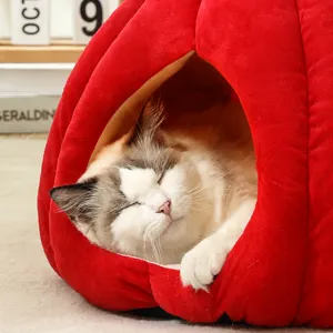 Casa de mascota de calabaza de felpa cálida para gatos y perros, cama de invierno