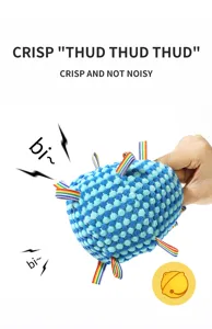 Dog vocalization plush toy interactive training soft ball with ringing bell and colorful ribbons.