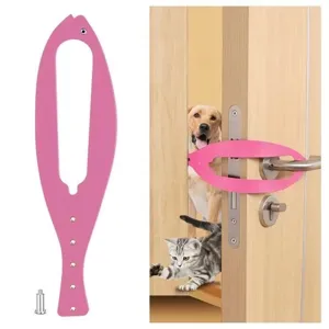 Pet door holder detail shot showing pink fish shaped latch and active usage scene with pets.