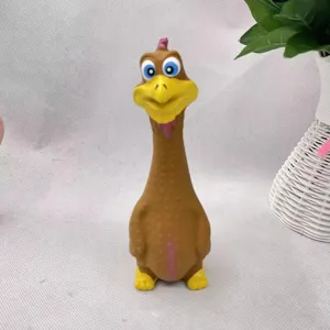 Latex squeaky dog chew toy, funny brown chicken design for pet training and playing.