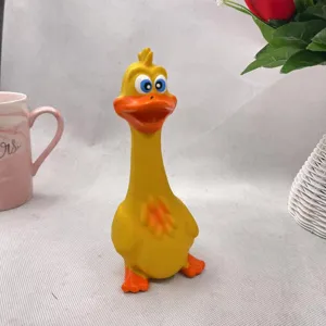 Yellow latex duck squeaky dog chew toy detail view, funny pet toy for puppies and large dogs.
