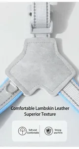 Dog harness detail shot, Y-shaped reflective pet vest strap for small medium dogs, durable material.