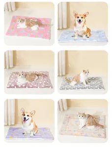 Plush pet sleeping mat details showing various cute patterns for cats and dogs warmth.