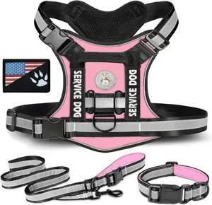 Ensemble de harnais tactique rose pour chien avec bandes réfléchissantes, laisse et collier.