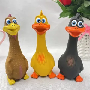 Close-up of funny latex squeaky dog toys featuring three cute animal designs in different colors.