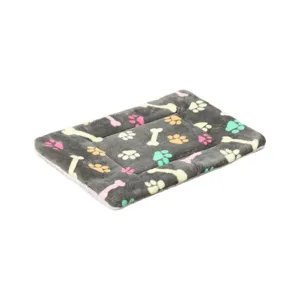 Thickened warm pet mat for dogs and cats, soft grey plush bed with cute bone and paw print patterns.