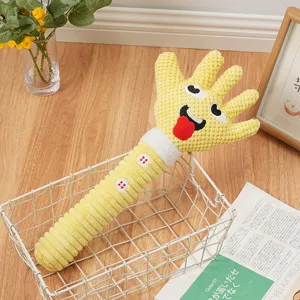 Simpatico giocattolo per cani in peluche a forma di mano gialla con squeaker, masticabile.