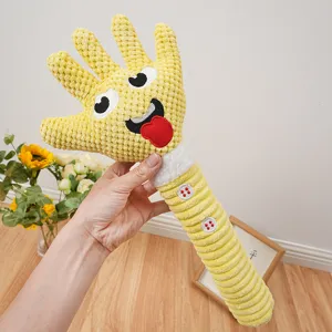 Giocattolo da masticare per cani in peluche mano gialla, giocattolo interattivo cigolante per cani.