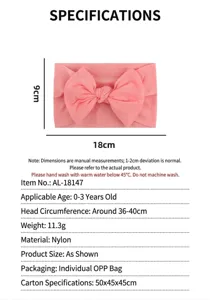 Detailed product parameters and 18x9cm dimensions for soft pink nylon baby bow headband