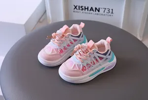 Close-up detail of pink breathable mesh toddler sneakers with lightweight soft sole design