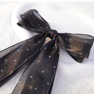 Pinza para el pelo con doble lazo negro y cinta de malla semitransparente elegante para mujer