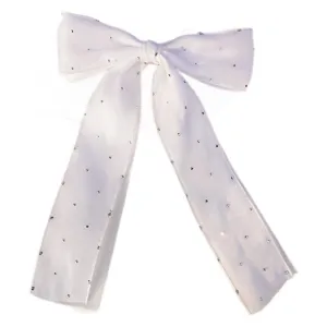 Elegante pinza para el pelo blanca con lazo de doble capa, pedrería y cintas largas
