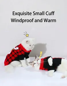 Detailed view of cute red and black plaid pet sweater, soft knit details for cozy warmth.
