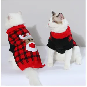 Cute Christmas pet sweater with red plaid and reindeer pattern, perfect for small dogs and cats.
