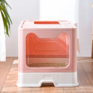 Gran arenero para gatos plegable y cerrado con diseño de cajón y entrada superior.