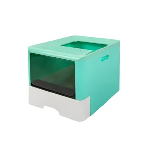 Arenero cerrado para gatos con entrada superior y cajón, inodoro para mascotas verde menta.