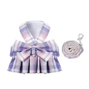 Pet JK Plaid Skirt Harness And Leash Set Breathable Mesh Cat Dog Vest Clothes Cute Bow Outdoor Walking