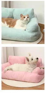 Plush pet sofa detail, soft cozy cat bed and dog bed with warm fluffy cushion design.