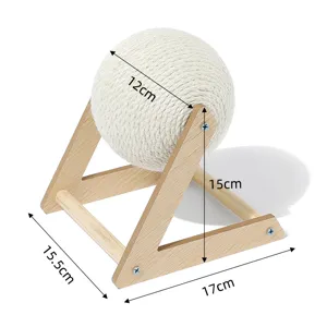 Sisal cat scratching ball with wooden stand, pet toy for scratching and playing, 17x15cm.