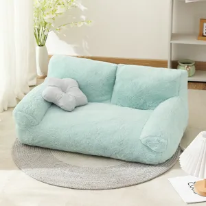 Cozy mint green plush pet sofa bed for cats and small dogs, soft winter warm cushion detail.