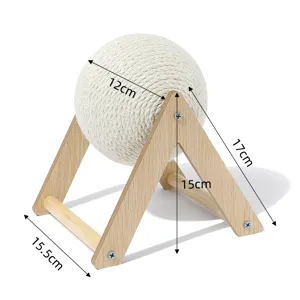 Sisal cat scratch ball with wooden stand, interactive pet toy for claw grinding and boredom relief.