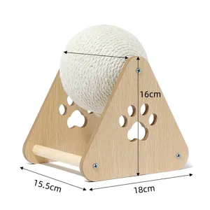 Detail view of wooden cat scratching ball with natural sisal rope and stable triangle base.