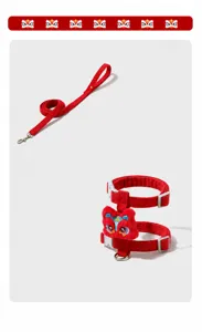 Detailed view of Chinese style lion dance pet harness and leash set with red striped webbing.