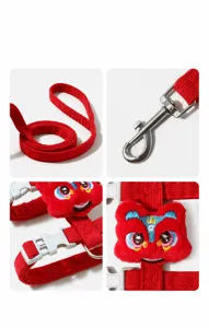 Red Chinese style lion dance pet leash and harness set detailed view showing texture.