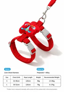 Detailed view of red Chinese style lion pet harness and leash with cute plush lion decor.