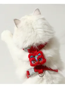Red Chinese style lion dance pet cat harness H-type comfortable vest with leash ring.