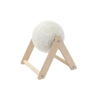 Vertical sisal cat scratching ball with wooden stand for interactive pet play and claw grinding.