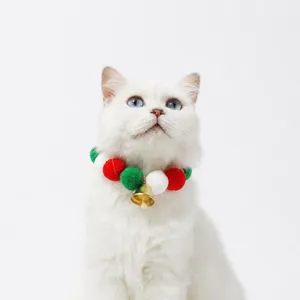 Christmas pet collar with bells and colorful pom poms, soft elastic cat dog necklace item.
