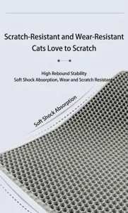 Détail de tapis de litière chat EVA double, nid d'abeille gris anti-griffes et absorbant.