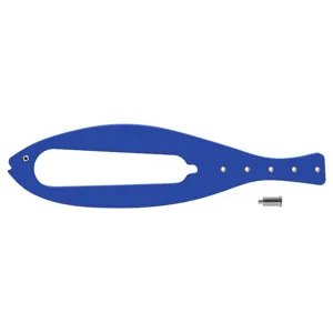 Blue fish shaped pet door bracket detail showing locking mechanism and metal screw part