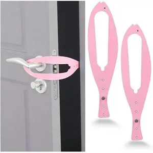 Adjustable pink pet door strap and holder, flexible cat door latch for easy door gap control.