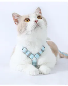 Close-up of adjustable cat harness and leash set with cute wings and blue star pattern.