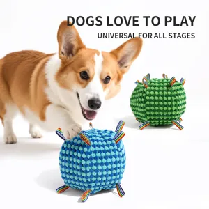 Plush dog squeaky toy ball with colorful pull tabs for puppy training and interactive play sessions.