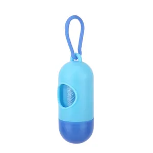 Gedetailleerd overzicht van de blauwe capsule hondenpoepzakjes dispenser met haak.