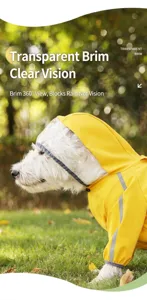 Vue détaillée d'un imperméable pour chien avec un bord transparent pour les jours de pluie