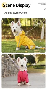 Vue de détail extérieure d'un imperméable pour chien à quatre pattes, capuche et trou de laisse.