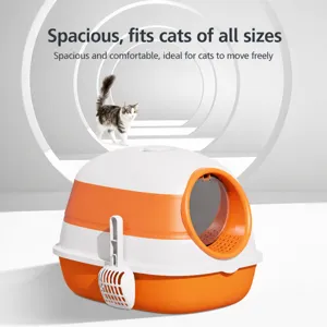 Gran caja de arena cerrada y plegable para gatos con pala, antiolores y salpicaduras.