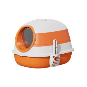 Arenero cerrado para gatos con pala, diseño de cúpula naranja y blanca, antiolor.